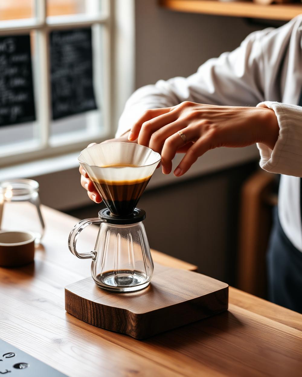 Preparación artesanal de café filtrado sobre una barra de madera
