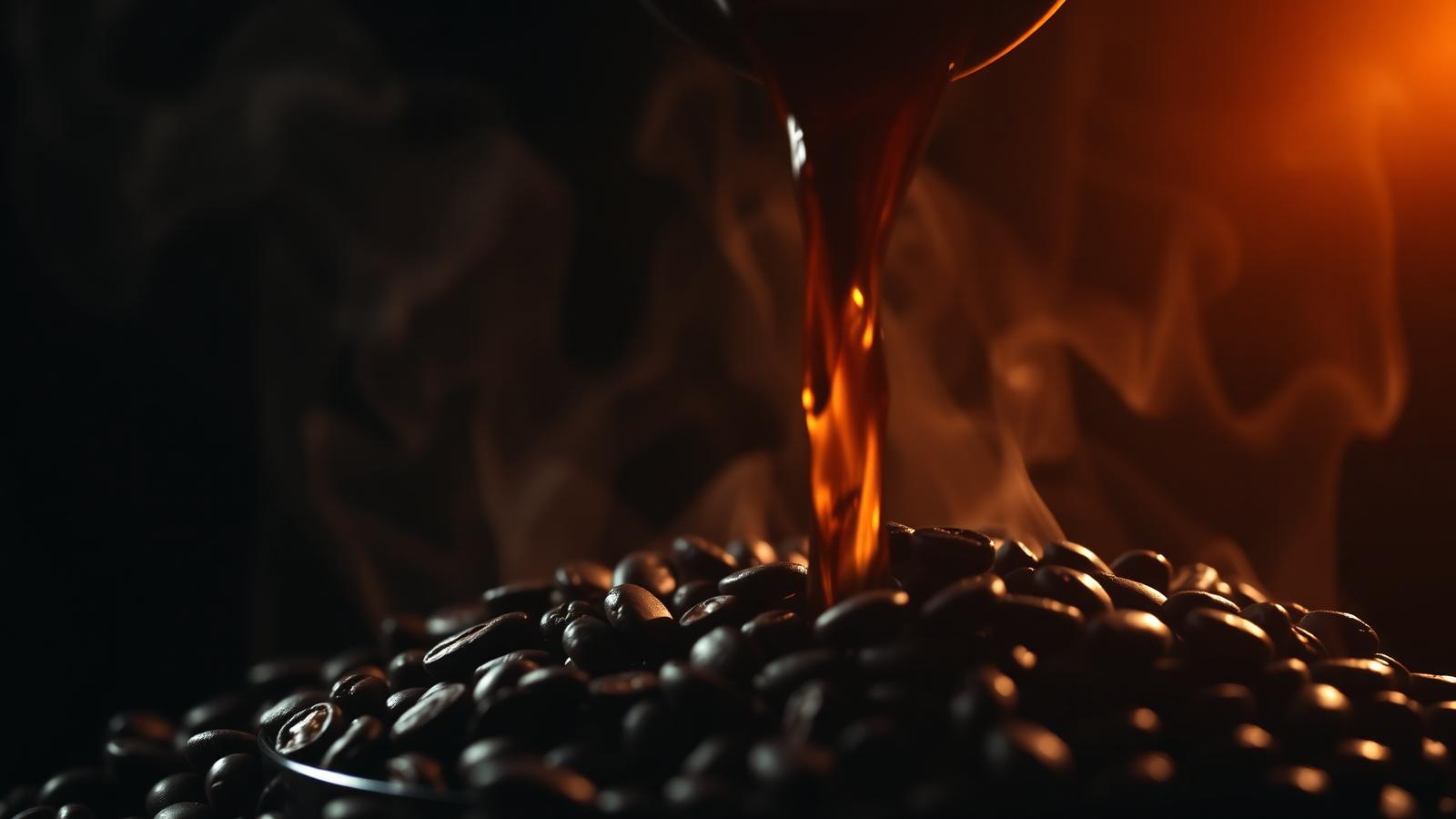 Café recién servido sobre granos de café tostados