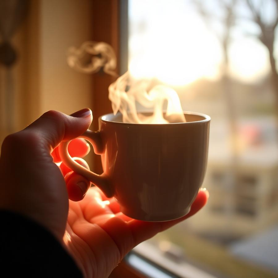 Manos sosteniendo una taza de café humeante junto a la ventana