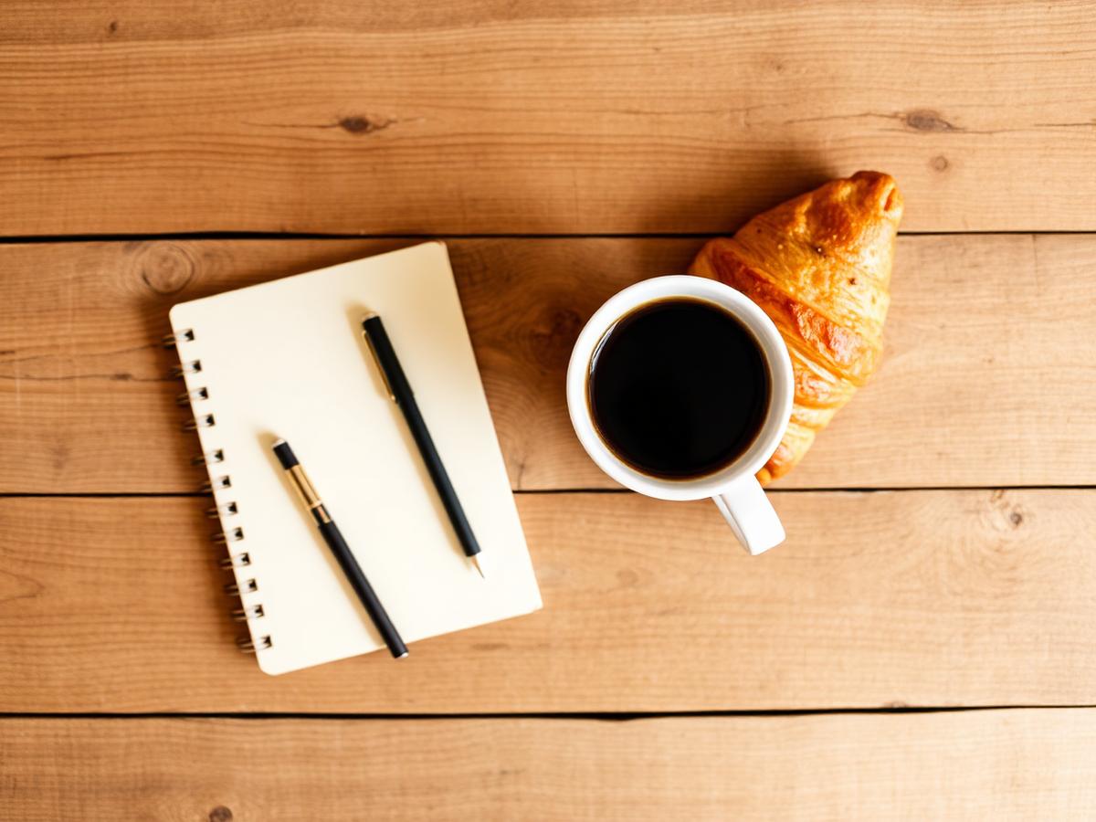 Taza de café, libreta y croissant sobre mesa de madera