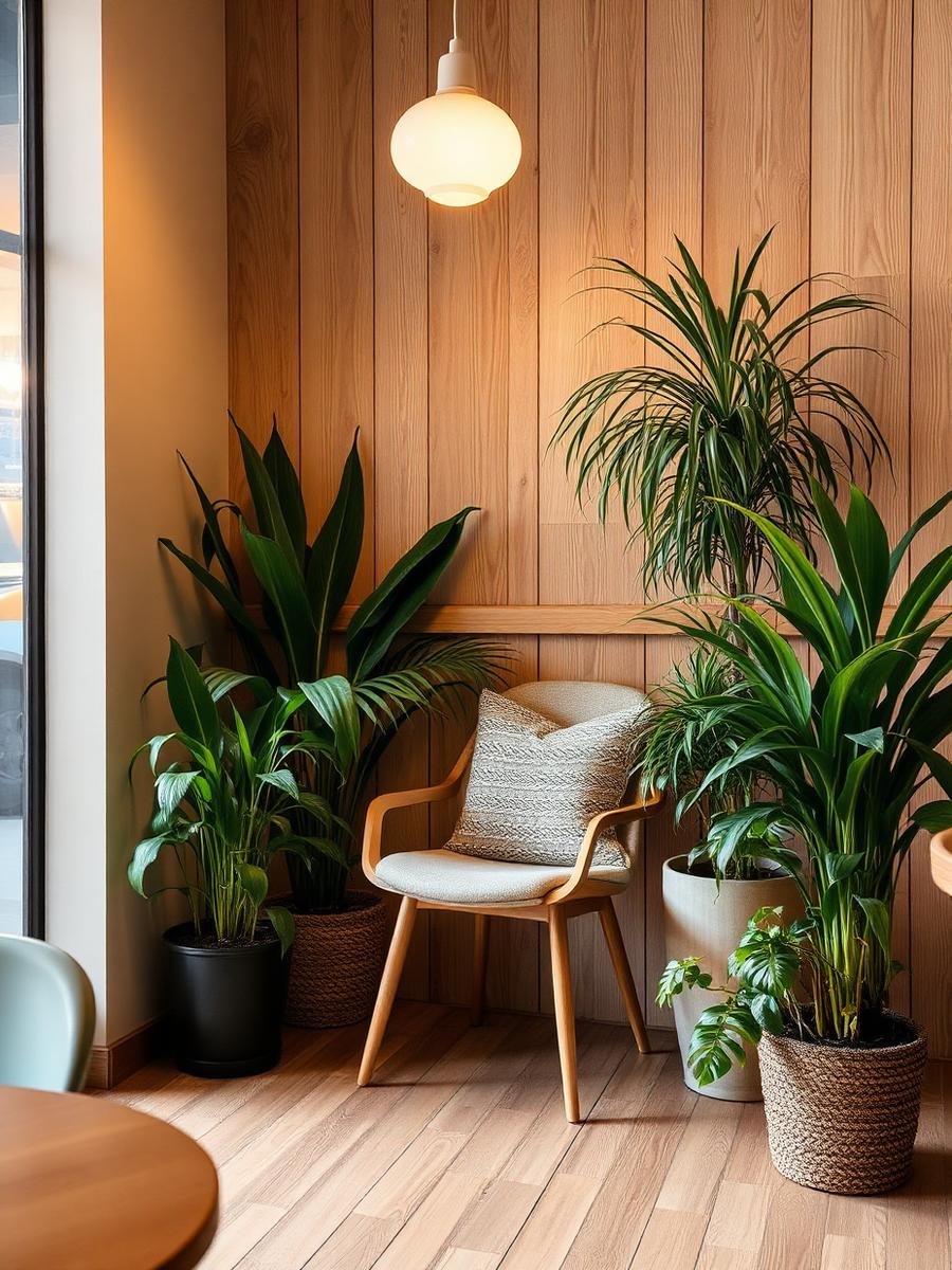 Rincón acogedor de la cafetería con sillón, plantas y luz cálida