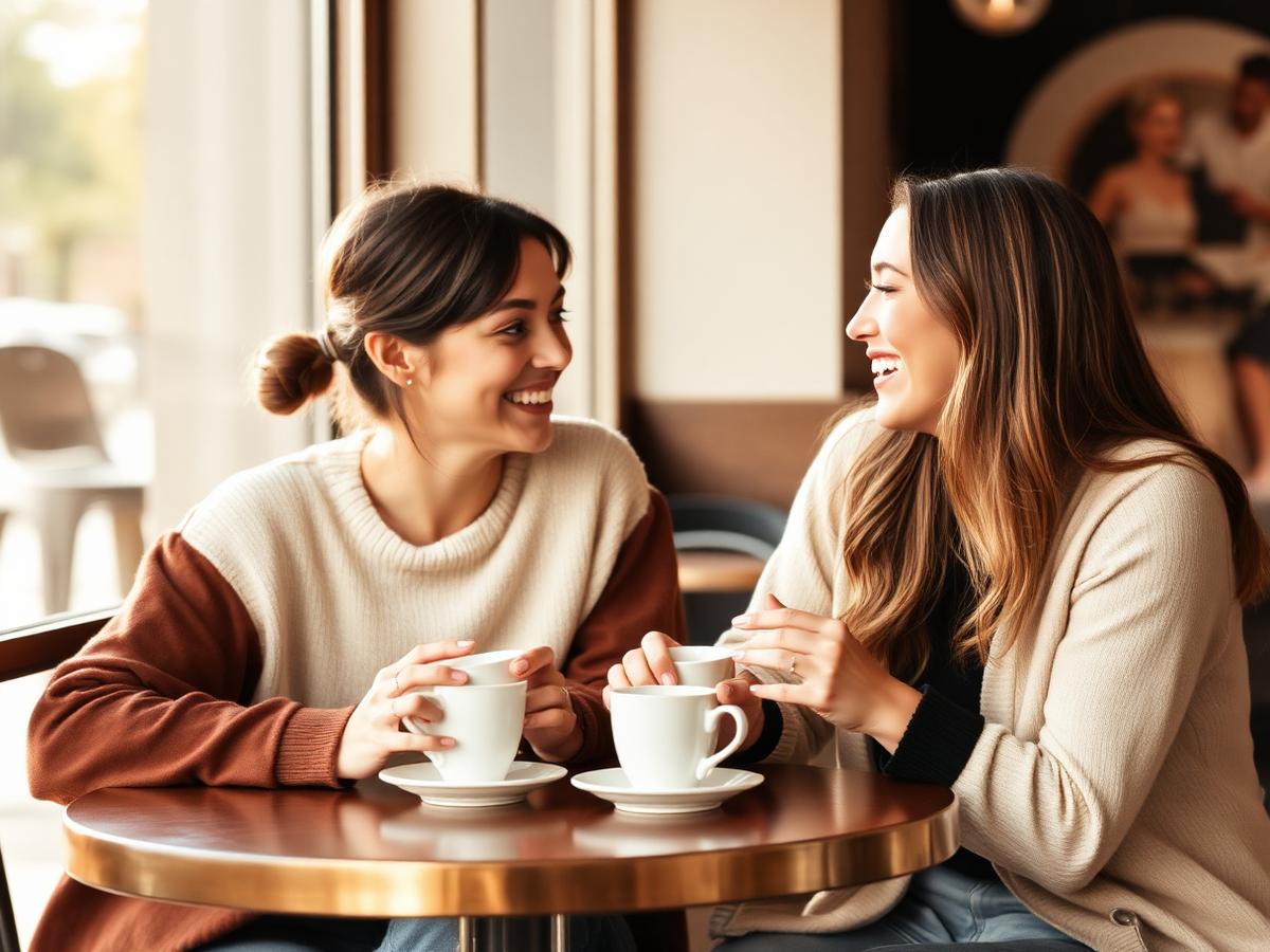 Dos personas conversando y riendo con café en la mesa